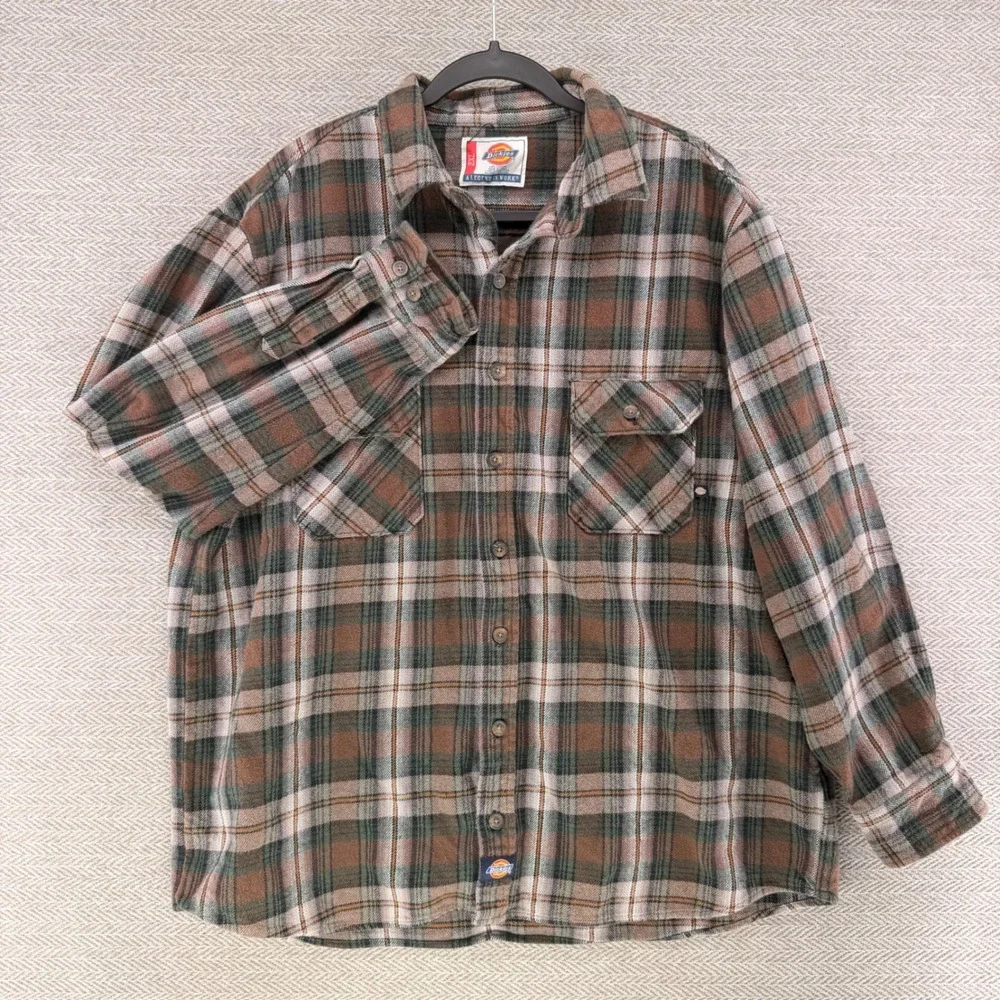 Dickies Mens 2XL Plaid Flannel Shirt Brown Green Long Sleeve Cotton Workwear